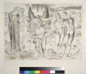 Krąg złodziei: Agnolo Brunelleschi zaatakowany przez piekło sześcionogiego węża, kanto XXV, ilustracja do „Boskiej komedii” Dantego Alighieri autorstwa William Blake