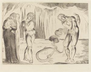 Krąg złodziei; Buoso Donati zaatakowany przez węża autorstwa William Blake