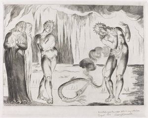 Krąg złodziei, Buoso Donati zaatakowany przez węża, 1827. autorstwa William Blake