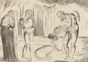 Krąg złodziei, Buoso Donati zaatakowany przez węża, 1827. autorstwa William Blake