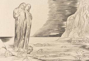 Krąg zdrajców, stopa Dantego uderzająca w Bocca degli Abbate, 1827. autorstwa William Blake