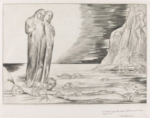 Krąg zdrajców, stopa Dantego uderzająca w Bocca degli Abbate, 1827. autorstwa William Blake