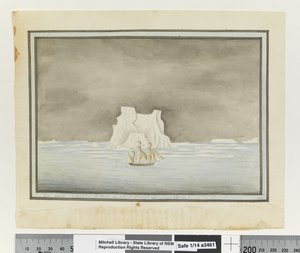 Opp. p. 147. „Przełęcz lodowa” 25 listopada 1788. Szerokość geograficzna 57 stopni 30 minut Sth. Długość geograficzna 288 stopni 00 minut Et w Syriuszu, ok. 1802 (akwarela) autorstwa William Bradley