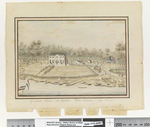 Opp. p. 225. "Dom gubernatora w Sydney, Port Jackson 1791", ok. 1802 (akwarela) autorstwa William Bradley