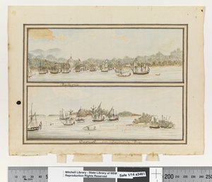 Opp. p. 292. „Batavia” i „Onrust w zatoce Batavia”, ok. 1802 (akwarela) autorstwa William Bradley