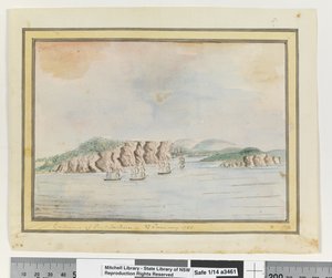 Opp. p. 65. Wejście do Port Jackson 27 stycznia 1788, ok. 1802 (akwarela) autorstwa William Bradley