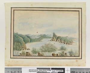 Opp. p. 92. „North Arm of Broken Bay New South Wales od wyspy przy wejściu wrzesień 1789”, c.1802 (akwarela) autorstwa William Bradley
