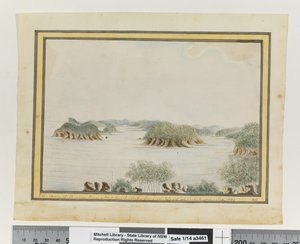 Opp. p. 93. „Św. Ramię Broken Bay Nowej Południowej Walii z wyspy przy wejściu. Wrzesień 1789