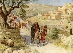 Król Dawid uciekając z Jerozolimy zostaje wyklęty przez Szimei - Biblia autorstwa William Brassey Hole