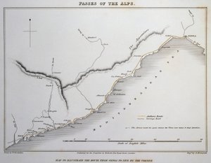 Mapa przełęczy w Alpach Nadmorskich, droga przybrzeżna między Genuą a Niceą, z ilustracji przełęczy Alp, którymi Włochy komunikują się z Francją, Szwajcarią i Niemcami, autorstwa Williama Brockedona (1787-1854), grawerowanie na miedzi, Londyn