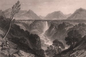 Widok wodospadu Marmore (Cascata delle Marmore) w pobliżu Terni, Umbria, Włochy, staloryt Jamesa Tibbittsa Willmore