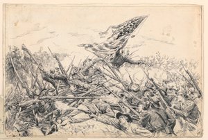 Rysunek przedstawiający Korpus Hancocka atakujący umocnienia pod "Krwawym Kątem", 1887 r. autorstwa William Brooke Thomas Trego