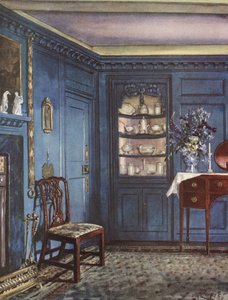 Dekoracja wnętrz: Jadalnia z niebieskimi ścianami w paski (litografia barwna) autorstwa William Bruce Ellis Ranken
