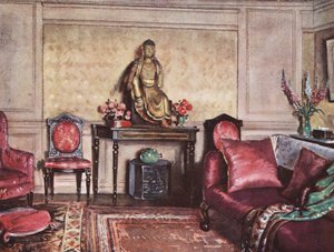 Dekoracja wnętrz: Schemat umeblowania pokazujący udane wykorzystanie różu (litografia barwna) autorstwa William Bruce Ellis Ranken
