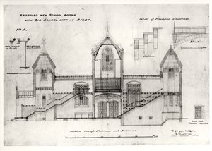 Szczegóły wejść, schodów, drzwi komory pieca i poręczy (New Big School), Rugby School, 1844 (czarny tusz, ołówek i toaleta)