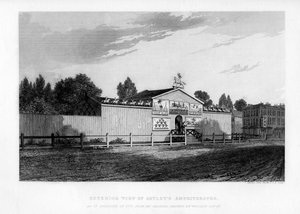 Zewnętrzny widok Astleys Amphitheater w Londynie, tak jak wyglądał w 1777, 1840