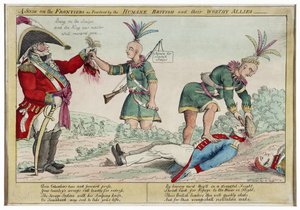Scena na pograniczach praktykowana przez humanitarnych Brytyjczyków i ich godnych sojuszników, wyd. 1812 (grawerowanie ręcznie kolorowane)