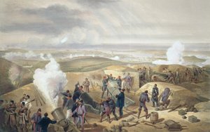 Gorący dzień na bateriach, płyta z filmu „Siedziba wojny na wschodzie”, wyd. autor: Paul und Dominic Colnaghi und Co., 1856 autorstwa William Crimea Simpson