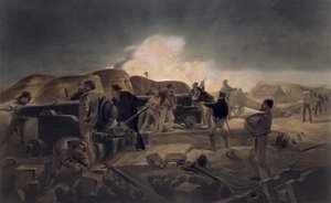 Gorąca noc w bateriach, tablica z "The Seat of War in the East", wyd. Paul und Dominic Colnaghi und Co., 1856 autorstwa William Crimea Simpson