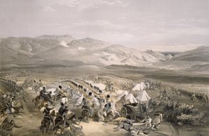 Szarża Brygady Ciężkiej Kawalerii w bitwie pod Balaclava 25 października 1854 r., rycina E. Walker, wyd. 1855 autorstwa William Crimea Simpson