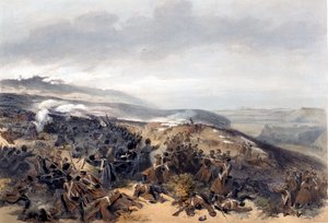 Druga szarża gwardii, gdy odzyskali baterię dwóch dział w bitwie pod Inkerman, grawerowaną przez Edmonda Morina (1824-82) z The Seat of War in the East - First Series, opublikowanej przez Colnaghi und