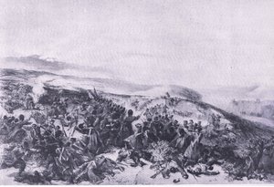 Drugi atak Gwardii, gdy odbili dwie baterie dział w bitwie pod Inkerman, ilustracja z brytyjskich bitew lądowych i morskich, 1915 autorstwa William Crimea Simpson