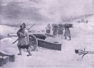 Strażnik Żuawów przed Sewastopolem, ilustracja z brytyjskich bitew na lądzie i morzu, 1915 autorstwa William Crimea Simpson