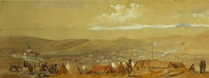 Krym: Panoramiczny widok Sewastopola ukazujący obozy wojskowe i port; i panoramiczny widok Inkermana pokazującego obóz wojskowy i kawalerię o świcie, autorstwa William Crimea Simpson