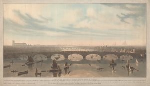 Widok mostu budowanego nad Tamizą w Vauxhall autorstwa William Daniell