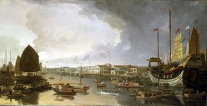 Przegląd europejskich fabryk w Kantonie (Chiny), z opisami żeglugi po rzece Guangdong (lub Rzece Perłowej) i szerokiej gamy łodzi. autorstwa William Daniell