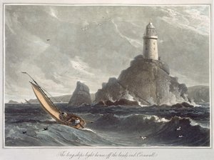 Latarnia Longships w Lands End, Kornwalia, z I tomu "Podróży dookoła Wielkiej Brytanii odbytej w latach 1814-1825", wydanej w 1814 r. (akwatinta) autorstwa William Daniell