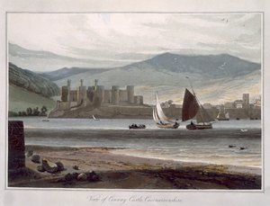 Widok zamku Conway, Caernarvonshire, z „Podróży dookoła Wielkiej Brytanii podjętej między latami 1814 i 1825”, opublikowanej w 1815 r. (kolorowa rycina) autorstwa William Daniell