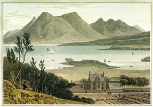 Widok na zachód z wyspy Raasay (Szkocja), z opisem dużego budynku i przylegających do niego ogrodów. Akwaforta w kolorach autorstwa Williama Daniella (1769-1837) autorstwa William Daniell