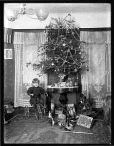 Chłopiec Seymour pozował na trójkołowym rowerze obok choinki w salonie, Boże Narodzenie 1912 autorstwa William Davis Hassler