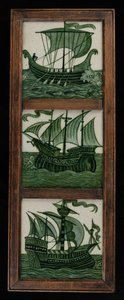 Kafelkowy panel statków pod pełnymi żaglami, w ramie, ok. 1865-80 (ceramika) autorstwa William de Morgan