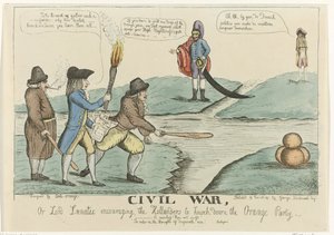 Angielska karykatura holenderskiej wojny domowej, 1787 Wojna domowa, czyli Lord Lunatic zachęcający Holendrów do powalenia Partii Pomarańczowej (tytuł na obiekcie) autorstwa William Dent