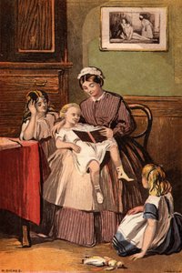 Miły sługa: pokojówka czytająca małym dzieciom (chromolitho)