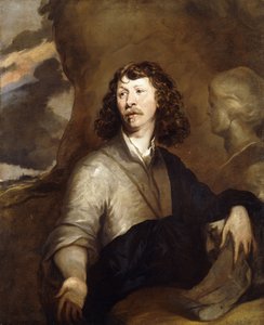Portret dżentelmena, prawdopodobnie Artysty, do połowy długości, w brązowym płaszczu i niebieskim chuście, obok marmurowego popiersia, w skalistym krajobrazie, autorstwa William Dobson