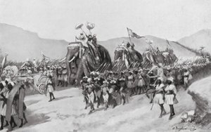 Vikramaditya Gupta wyrusza na wojnę, AD 395 (litografia) autorstwa William Douglas Almond