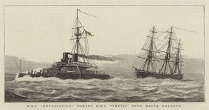 HMS Devastation holuje HMS Thetis do portu na Malcie autorstwa William Edward Atkins