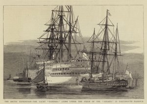 Ekspedycja Arktyczna, jacht Pandora leżący pod rufą Serapisa w porcie Portsmouth autorstwa William Edward Atkins