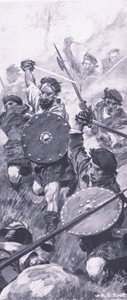 Górale w bitwie pod Killiecrankie, ilustracja z brytyjskich bitew lądowych i morskich, 1915 autorstwa William Edward Stott