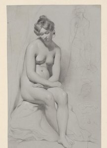 Siedząca naga modelka z wysoką fryzurą, ponownie naszkicowana obok niej autorstwa William Etty