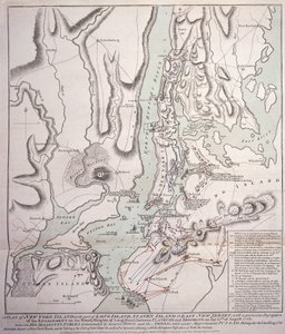 Plan wyspy Nowy Jork z częścią Long Island, Staten Island i East New Jersey oraz walką na Woody Heights of Long Island między siłami brytyjskimi, pod dowództwem generała Sir Williama Howe