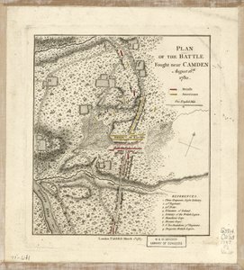 Plan bitwy stoczonej pod Camden 16 sierpnia autorstwa William Faden