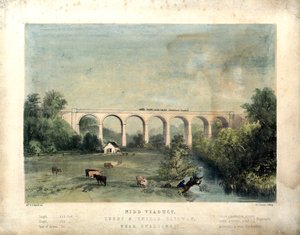 Wiadukt Nidd, kolej Leeds i Thirsk, niedaleko Knaresbro”, ok. 1850 r. (litografia kolorowa na papierze) autorstwa William Frederick Faviell