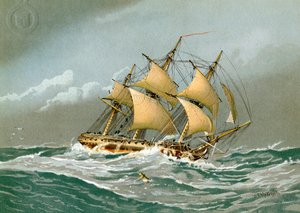 Fregata z 28 armatami Royal Navy, c1794, c1890-c1893 autorstwa William Frederick Mitchell