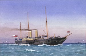 Królewski jacht "Osborne" (1870), pełna para i złożone żagle, na morzu. Akwarela autorstwa William Frederick Mitchell