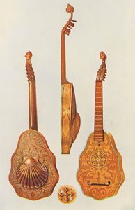 Instrumenty muzyczne: Lutnia królowej Elżbiety (kolorowa litografia) autorstwa William Gibb