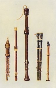 Instrumenty muzyczne: Dwa podwójne flażolety, flet niemiecki i dwa flety podwójne (litografia barwna)